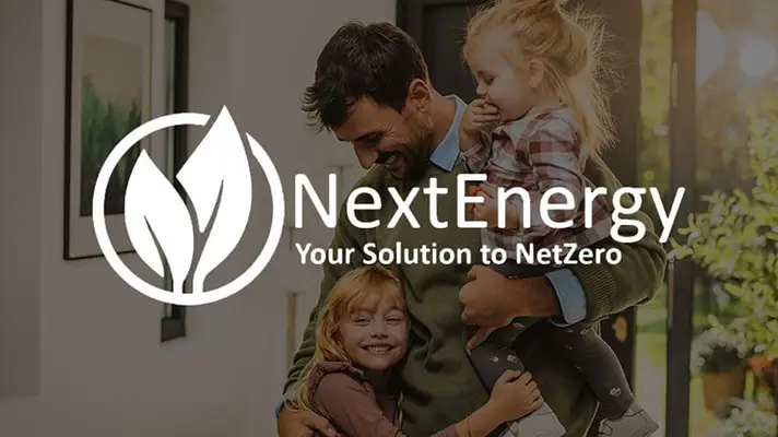 A family hugging with Next Energy Logo overlay.