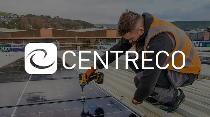 Man installing solar panels with Centreco logo overlay.