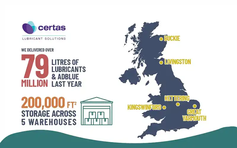 Map of Certas Lubricant distribution depots.